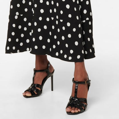 Square Toe Croco Embossed T-Strap Heels Buckle Black Sandals for Women