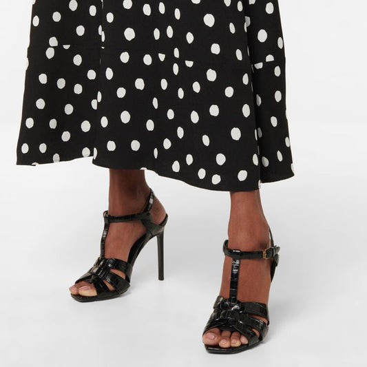 Square Toe Croco Embossed T-Strap Heels Buckle Black Sandals for Women