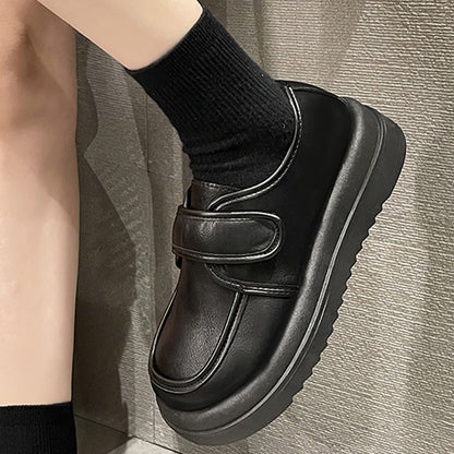 Black Round Toe Platform Loafers With Buckles Flats