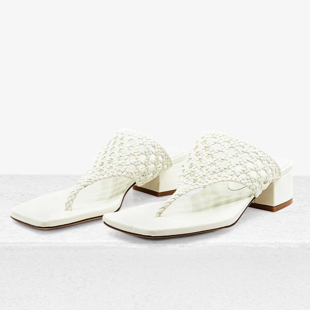 White Woven Open Square Toe Block Heel Flip Flops for Women