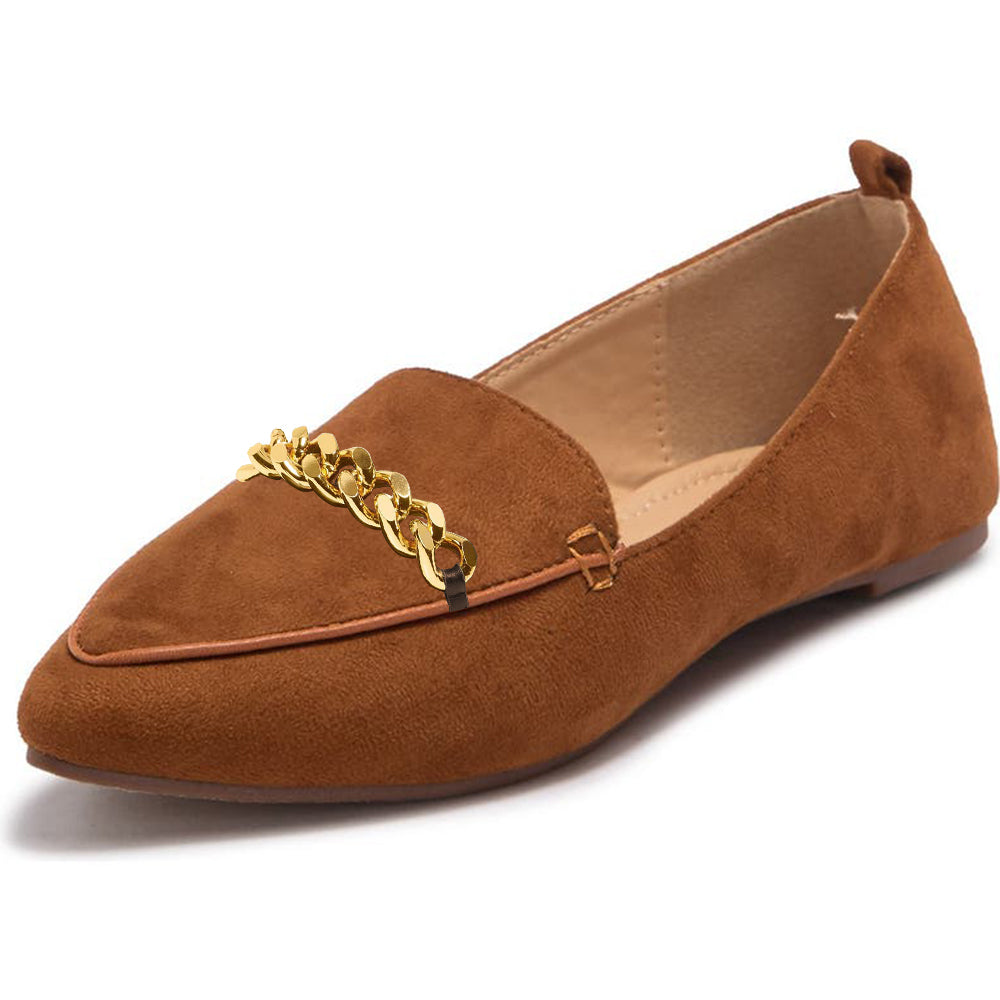 Brown Pointed Toe Flat Loafers with Gold Chain