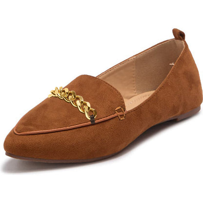 Brown Pointed Toe Flat Loafers with Gold Chain
