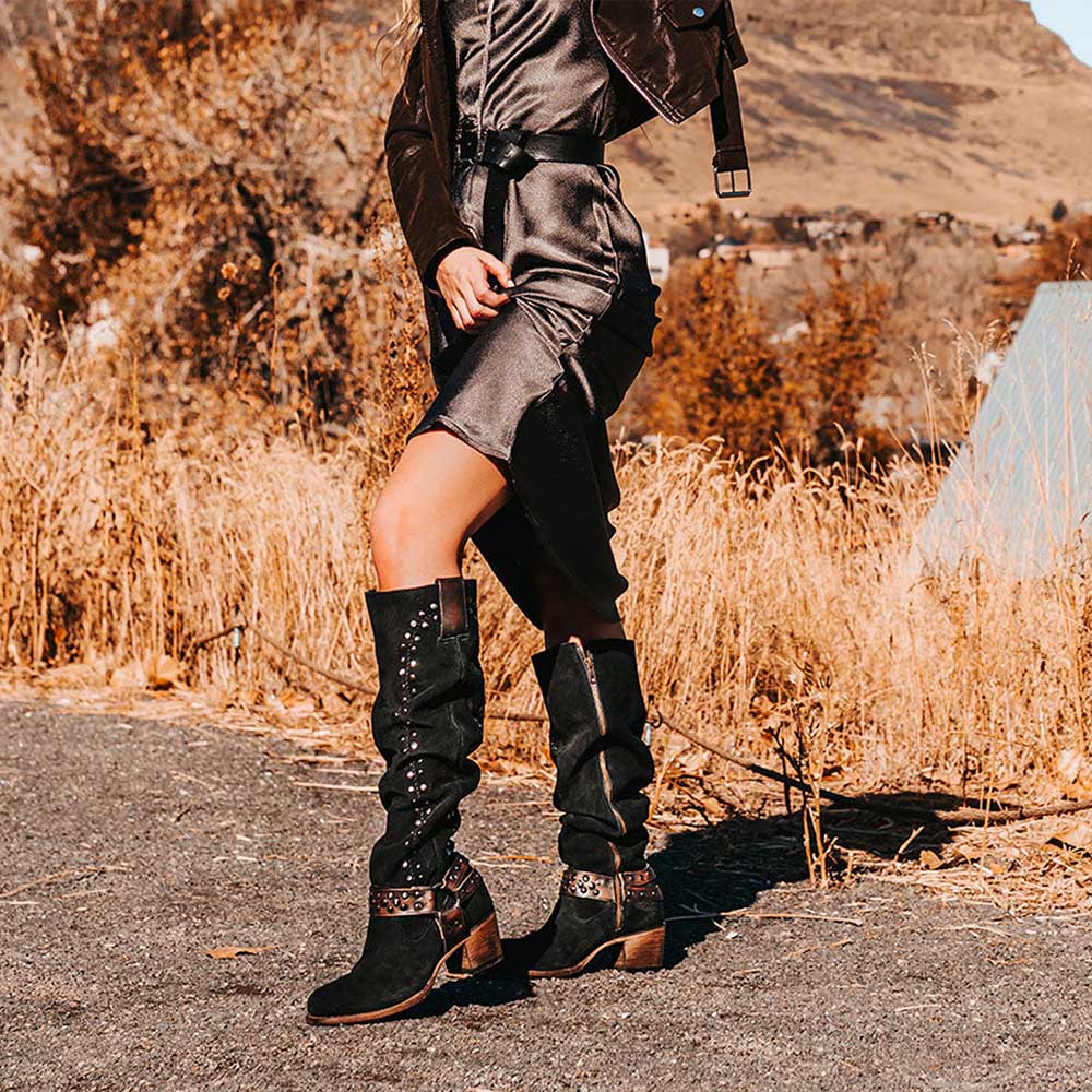 Black Faux Suede Square Toe Chunky Heel Studded Knee High Boots