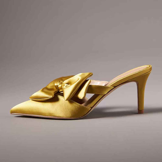 Yellow Satin Pointed Toe Stiletto Heel Mules with Bow