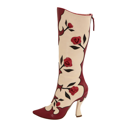 Red and Ivory Pointed Toe Rose Spool Heel Zipper Knee High Boots