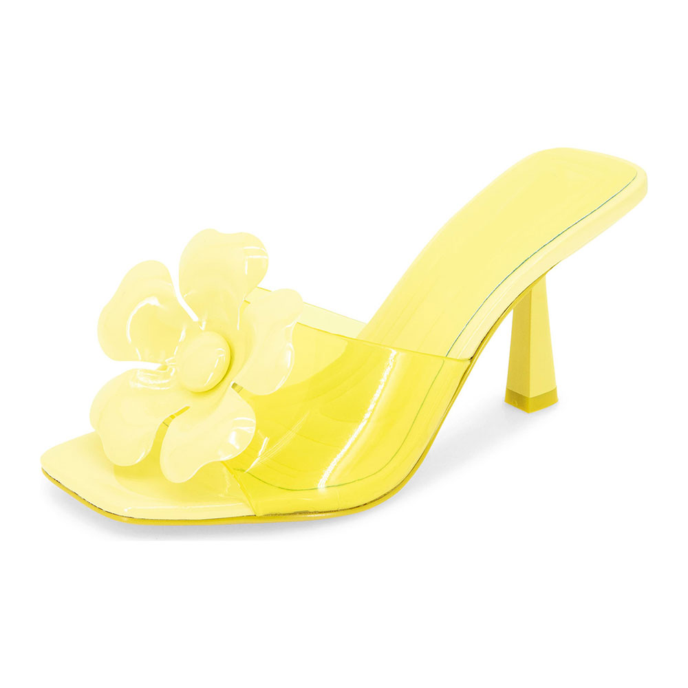 Yellow Floral Embellished Mule Open Toe Clear High Heels Sandals