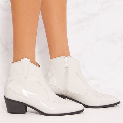 Women's White Patent Leather Closed Toe Block Heel Short Western Boots