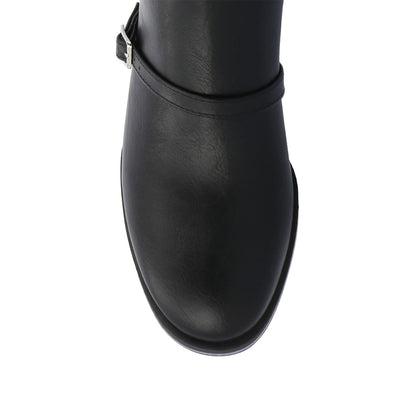 Black Buckle Strappy Round Toe Block Heel Knee High Boots for Women