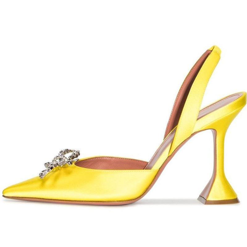 Yellow Satin Flared Heel Rhinestone Bow Embellished Slingback Pumps
