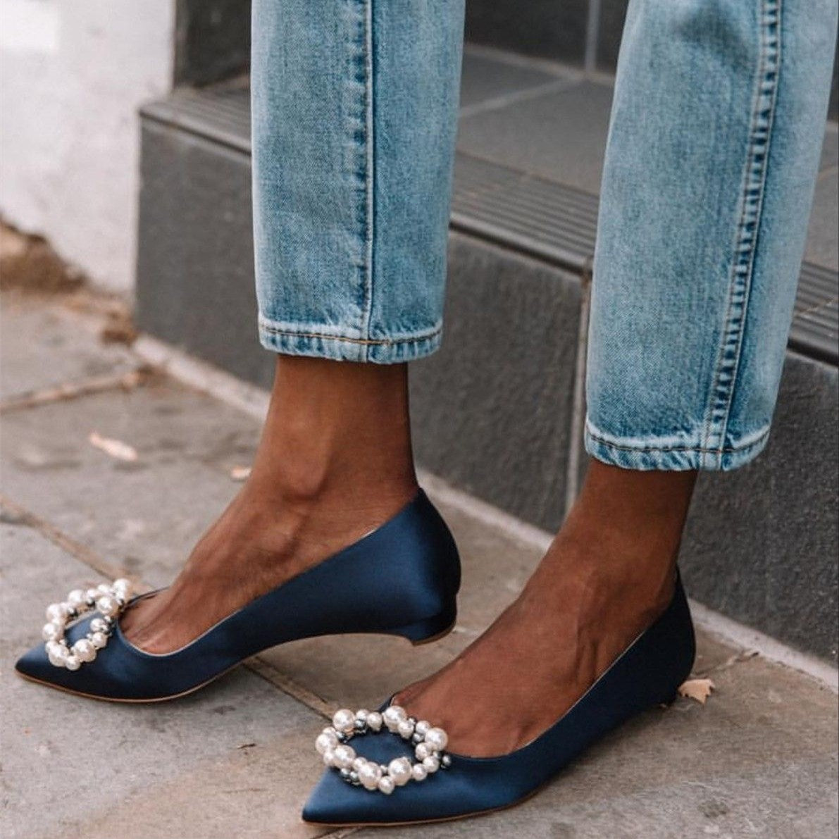 FSJ Navy Satin Pointed Toe Pearl Buckle Embellished Flats