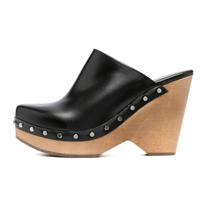 Women's Black Round Toe Slip On Studded Wedge High Heel Mules