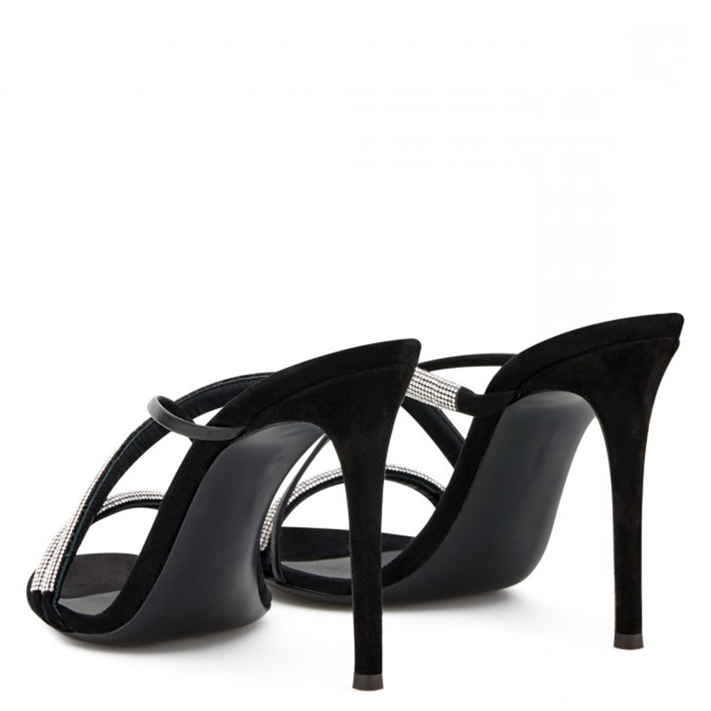 Women's Rhinestone Embellished Crisscross Straps Black High Heel Mules