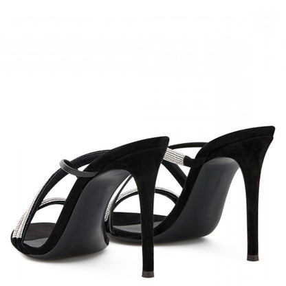 Women's Rhinestone Embellished Crisscross Straps Black High Heel Mules