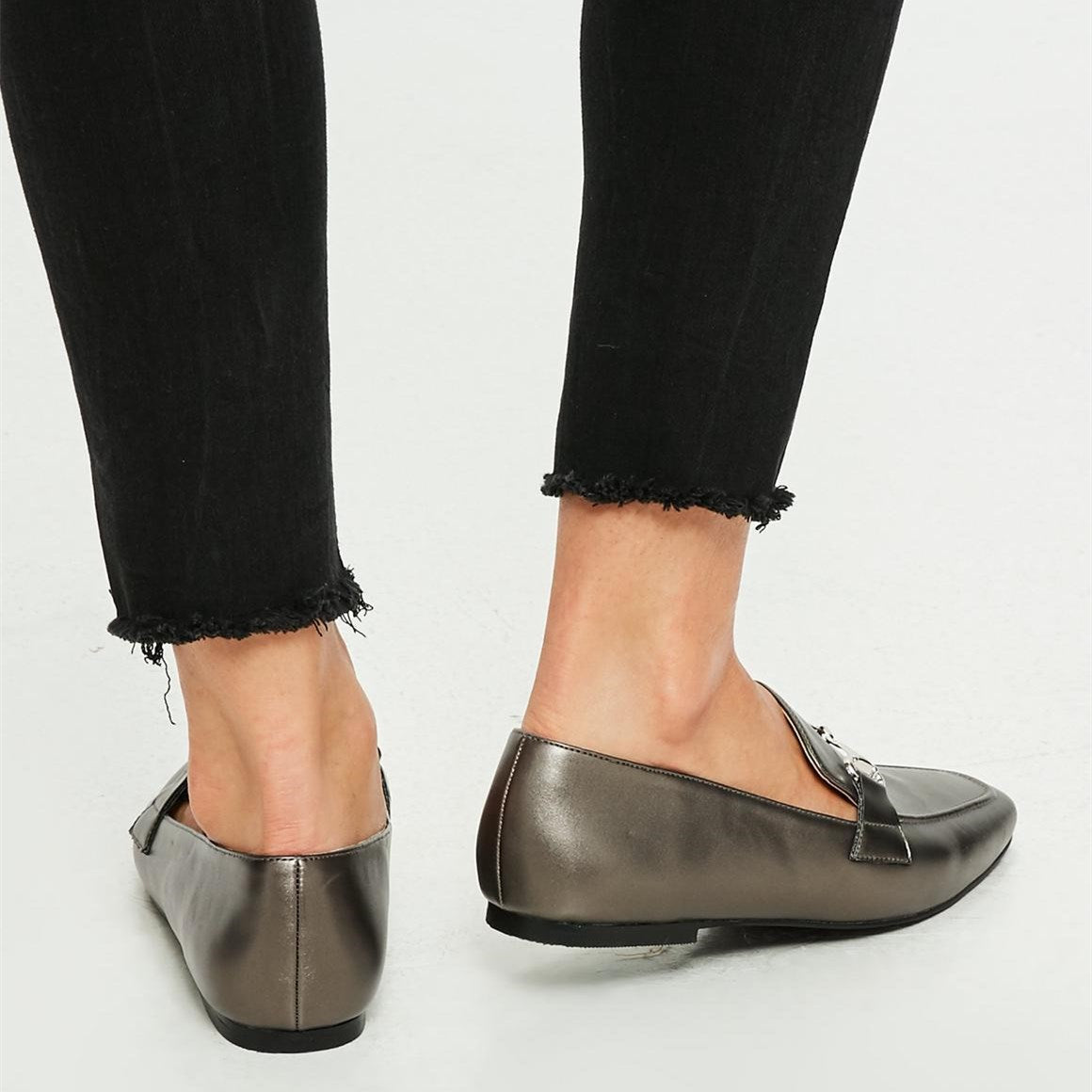 Dark Grey Square Toe Office Flats Comfortable Horsebit Loafers