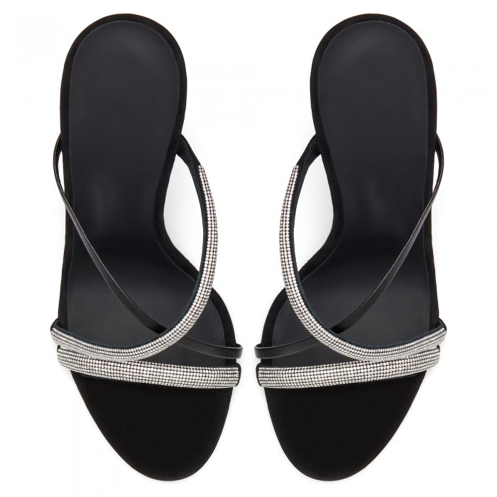 Women's Rhinestone Embellished Crisscross Straps Black High Heel Mules