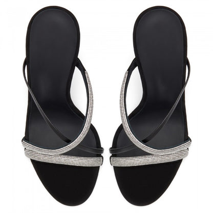Women's Rhinestone Embellished Crisscross Straps Black High Heel Mules