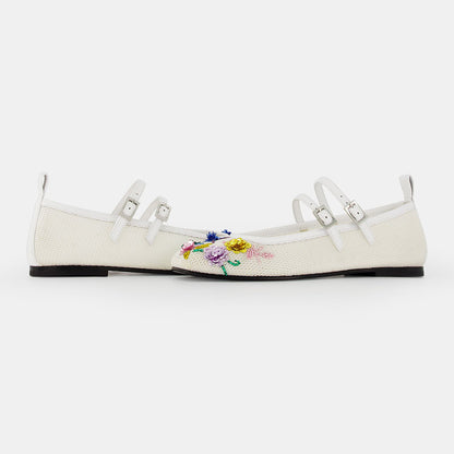 White Mesh Closed Toe Mary Jane Flats with Beads & Sequins Flowers