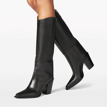 Simple Black Pointed Toe Pull-On Block Heel Knee High Boots