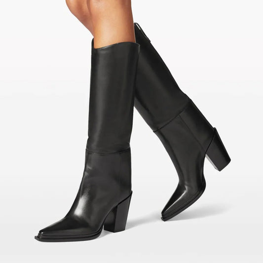 Simple Black Pointed Toe Pull-On Block Heel Knee High Boots