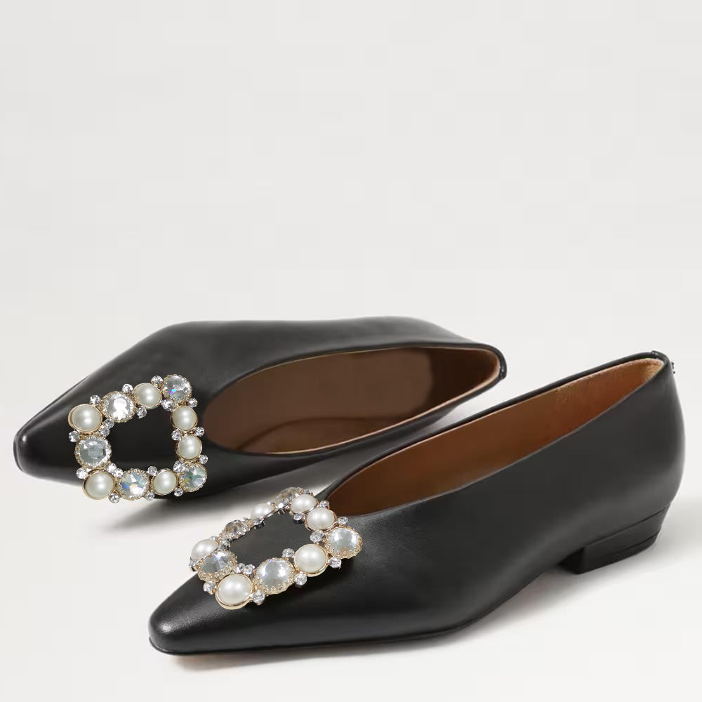 Black Pointed Toe  Flats With Square Pearl Decor Low Heel Flats
