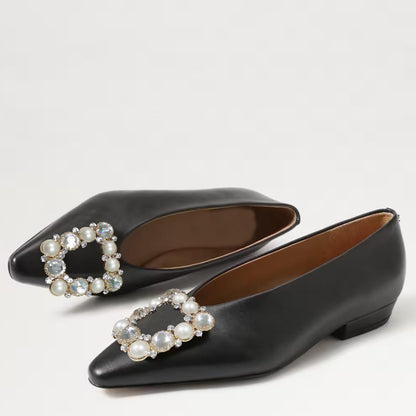 Black Pointed Toe  Flats With Square Pearl Decor Low Heel Flats