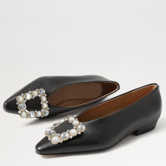 Black Pointed Toe  Flats With Square Pearl Decor Low Heel Flats