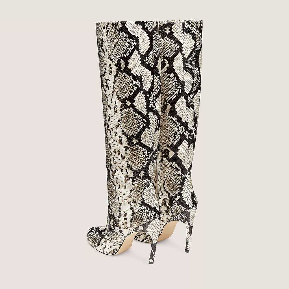 Gray Snakeskin Pointed Toe 4'' Stiletto Heel Wide Calf Knee High Boots