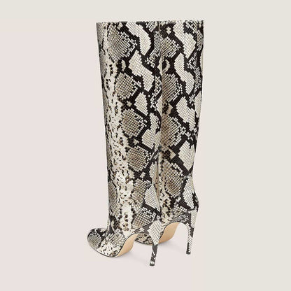Gray Snakeskin Pointed Toe 4'' Stiletto Heel Wide Calf Knee High Boots