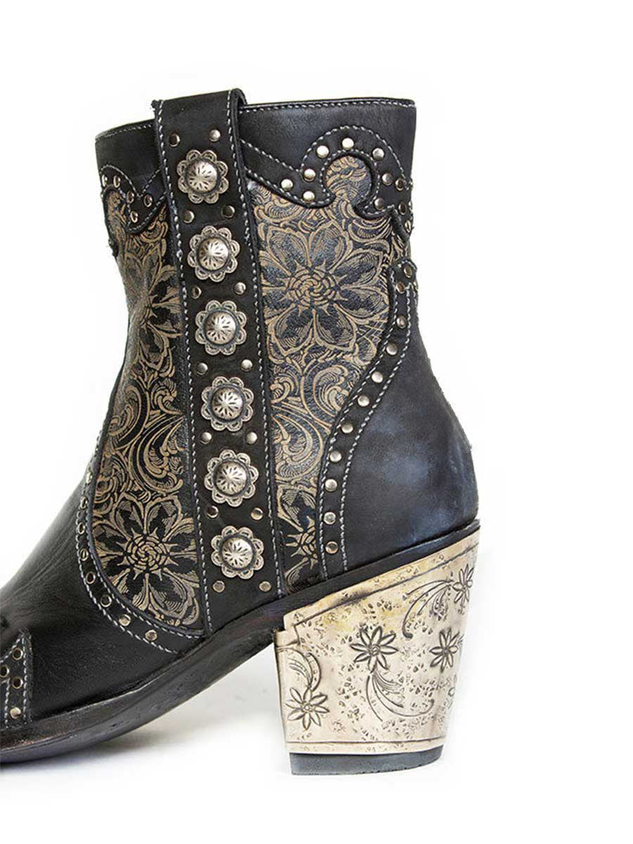 Black Vegan Leather Snip Toe Floral Printed Studded Block Heeled Cowgirl Ankle Boots