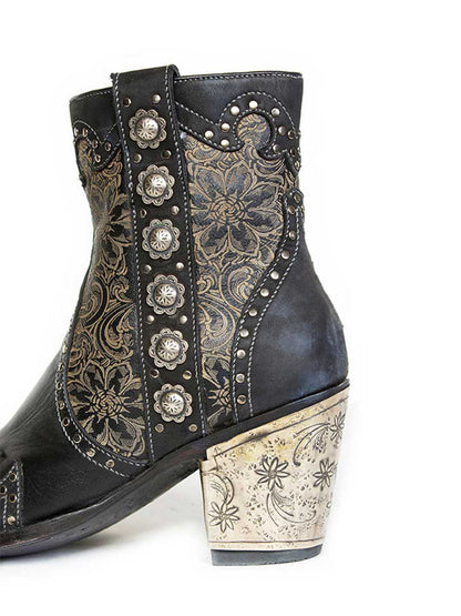 Black Vegan Leather Snip Toe Floral Printed Studded Block Heeled Cowgirl Ankle Boots