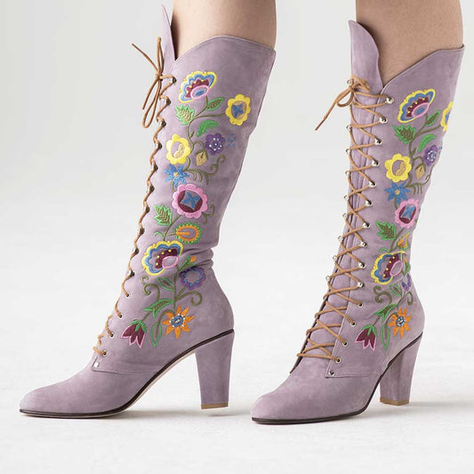Lavender Closed-Toe Lace-Up Flower Embroidered Mid Calf Boots