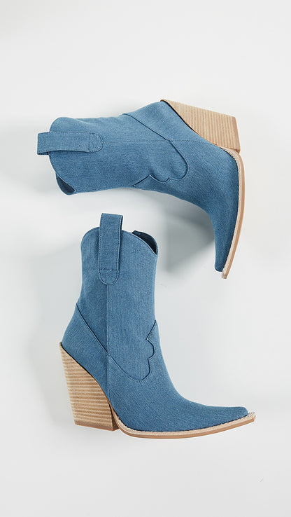 Blue Denim Square Toe Cowgirl Boots Chunky Heels Ankle Boots
