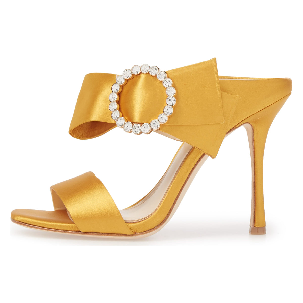 Yellow Satin Open Toe Rhinestone Buckle Mules Sandals