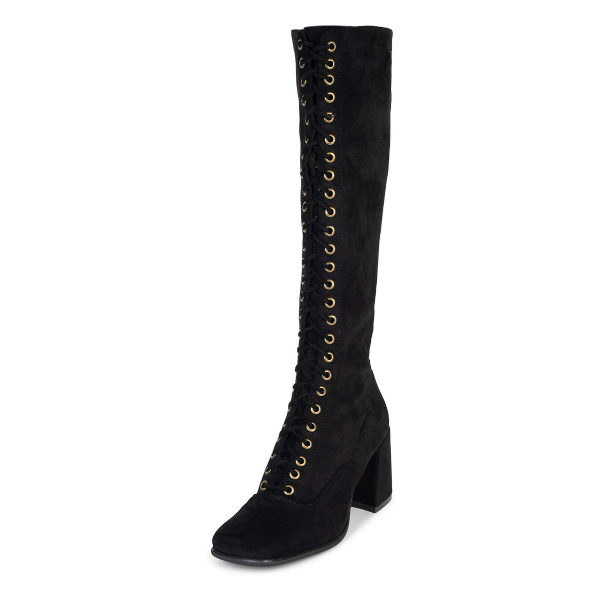 Black Lace Up Square Toe Chunky Heel Knee High Boots for Women