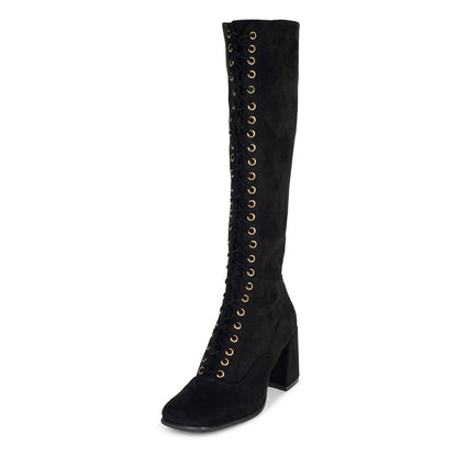 Black Lace Up Square Toe Chunky Heel Knee High Boots for Women