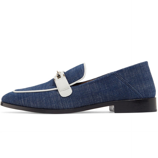 Navy Denim Square Toe White Strap Flat Women's Loafers