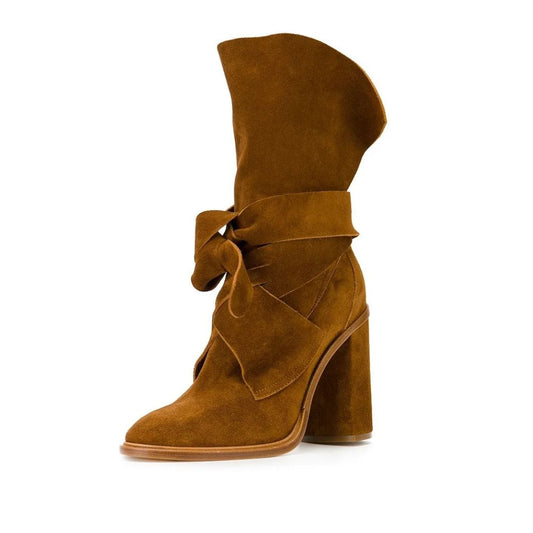 Tan Boots Vegan Suede Fashion Chunky Heel Mid Calf Boots