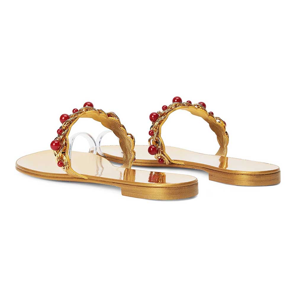 Gold Metallic Beads Embellished Chain Strap Flats Toe Ring Sandals