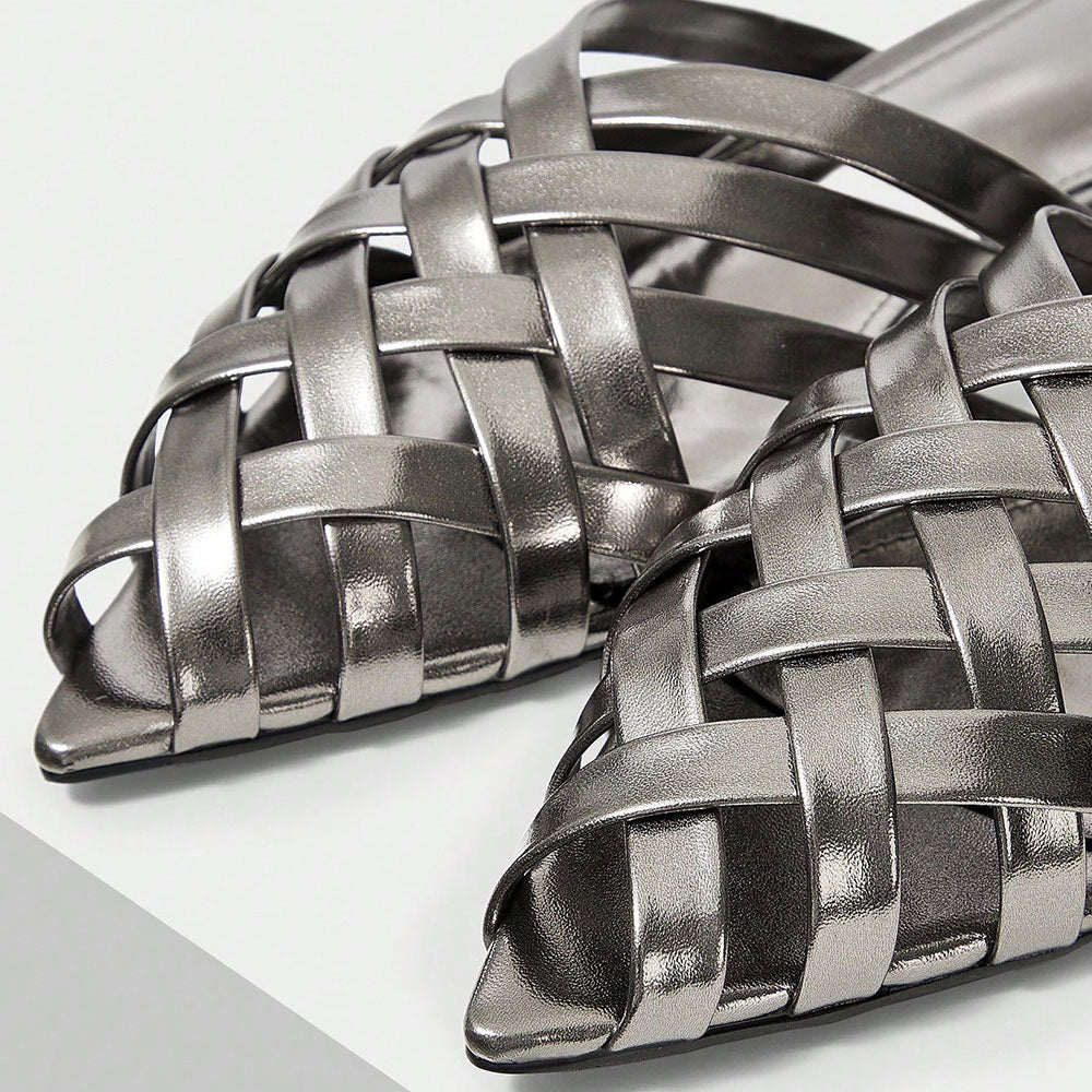 Women's Woven Metallic Finish Pointed Toe Flat Mules Sandals in Gray
