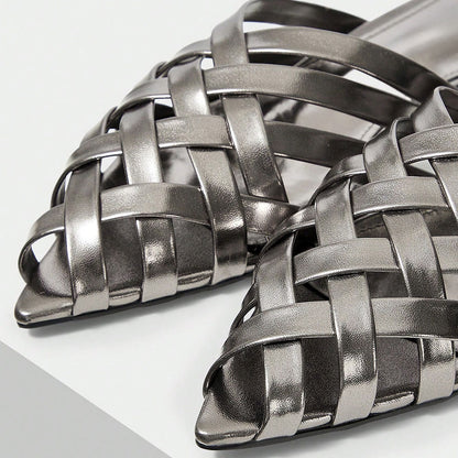 Women's Woven Metallic Finish Pointed Toe Flat Mules Sandals in Gray