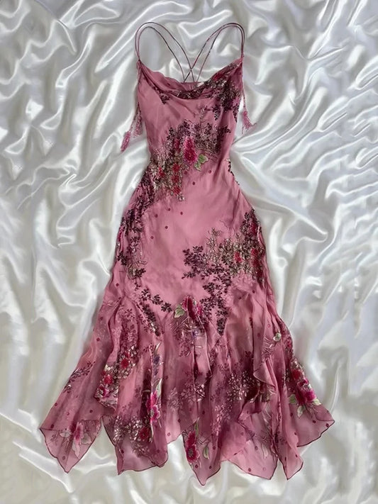 Vintage Pink Floral Embroidery Prom Dress Red Mermaid Evening Dress Satin Formal Dress TP4669