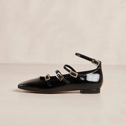 Black Patent Leather Buckled Square Toe Mary Jane Flats