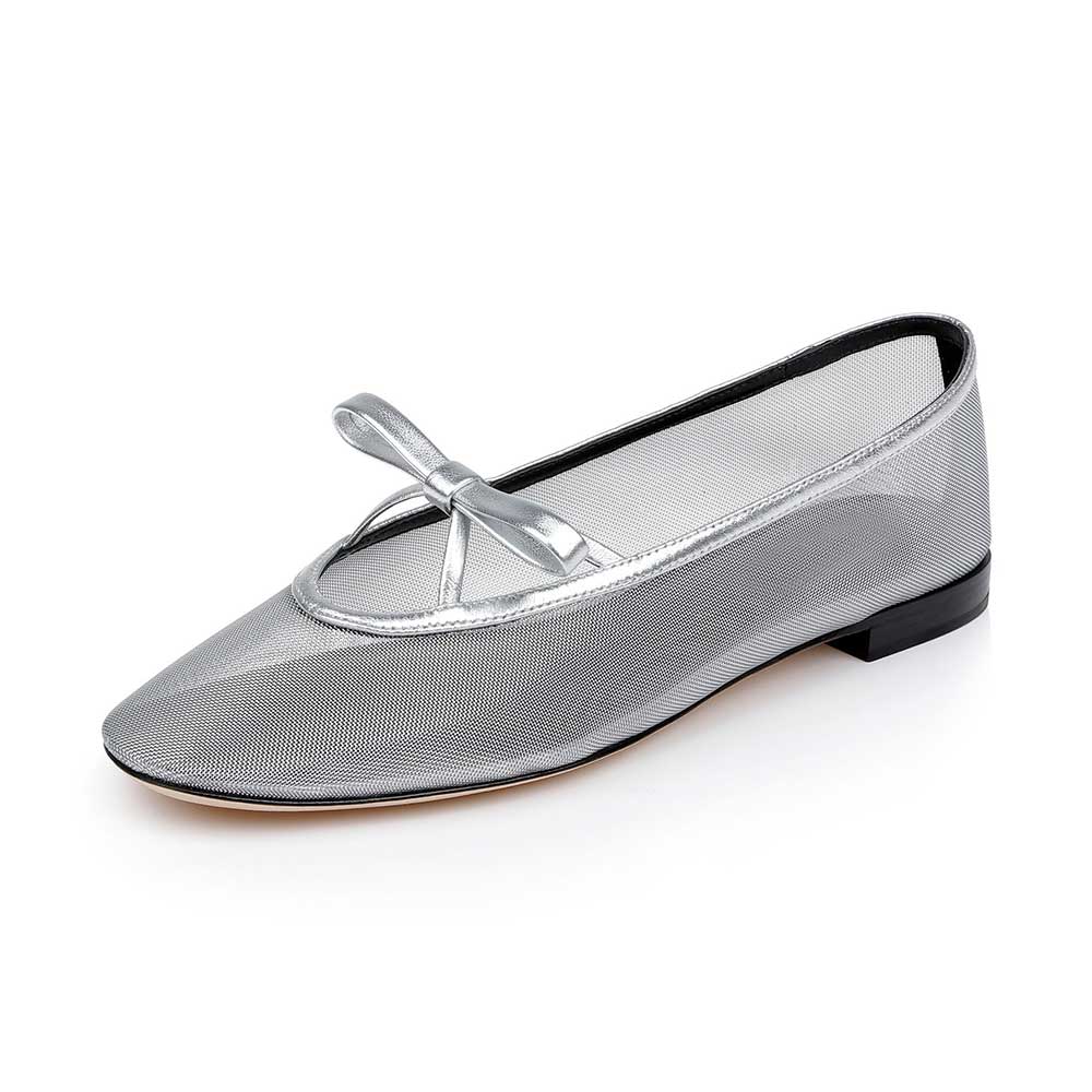 Comfortable Silver Mesh Round Toe Ballet Flats with Bow Decor