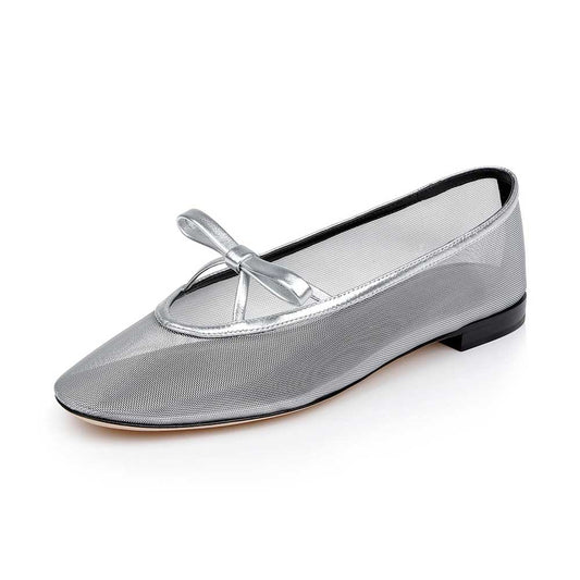 Comfortable Silver Mesh Round Toe Ballet Flats with Bow Decor