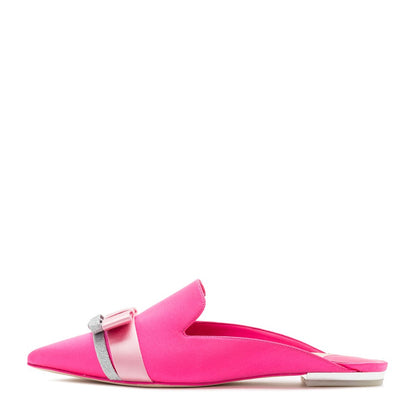 Hot Pink Satin Pointed Toe Glitter Bow Flat Mule Loafers for Women