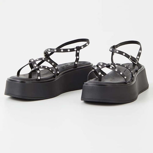 Black Summer Sandals With Platform Rhinestone Strapy Flats