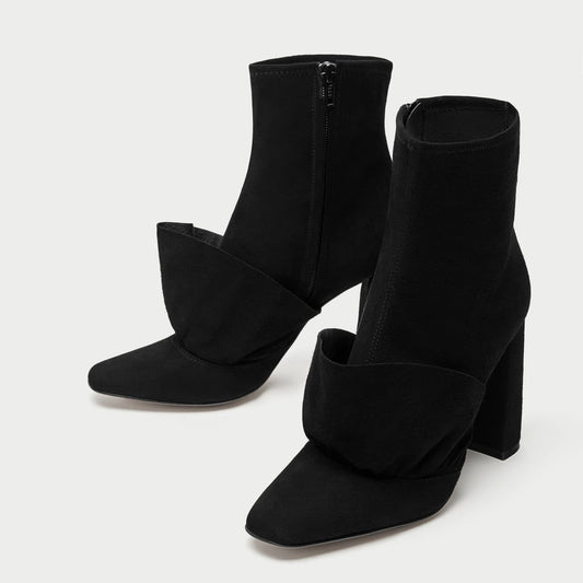 Black Square Toe Vegan Suede Fashion Chunky Heel Ankle Boots