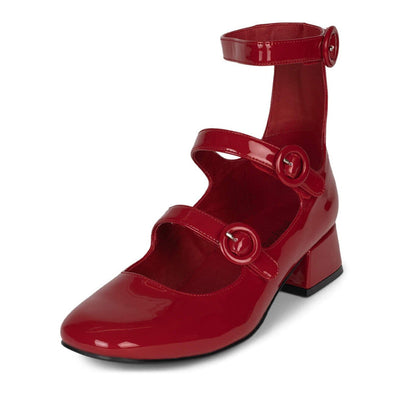 Red Patent Leather Closed Toe Chunky Heel Buckled Strappy Loafers