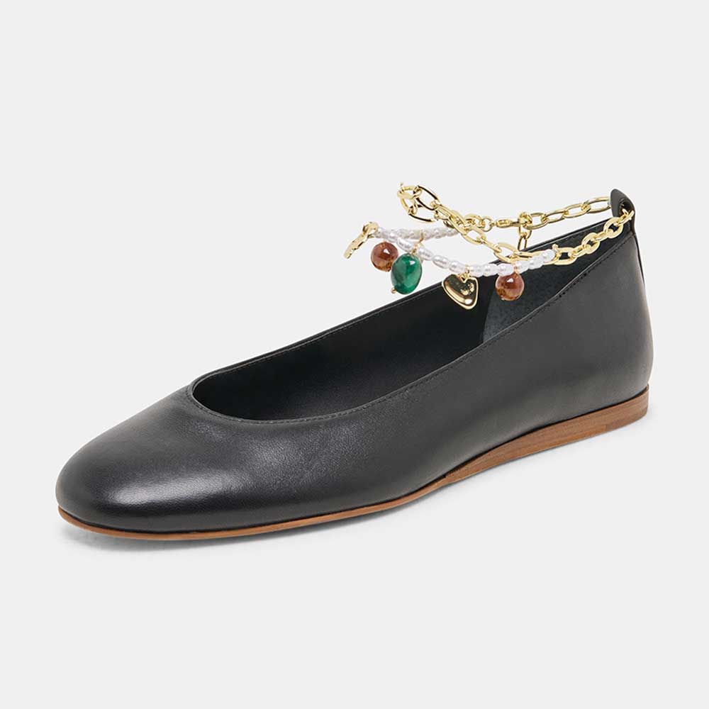 FSJ Women's Black Round Toe Jewelry Decor Gold Chain Flats
