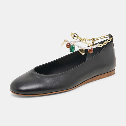 FSJ Women's Black Round Toe Jewelry Decor Gold Chain Flats